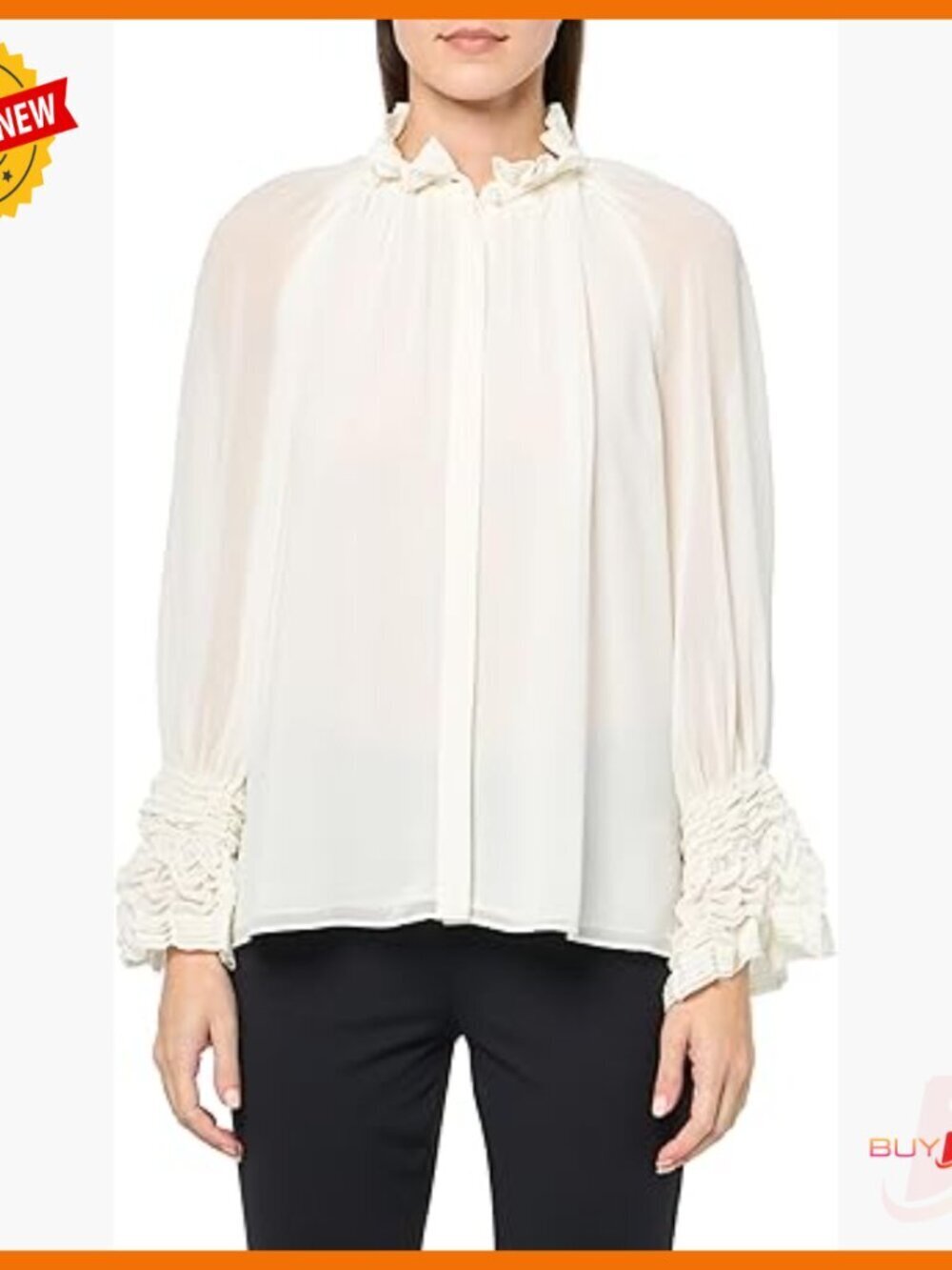 Long Sleeve Poly Chiffon Blouse with Ruffled Neck and Cuffs